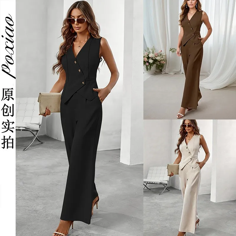 Women's Sleeveless V Neck High Waist Pants 2-Piece Set Elegant Matching Suit Women's Sets Woman 2 Pieces Women's Suits Summer