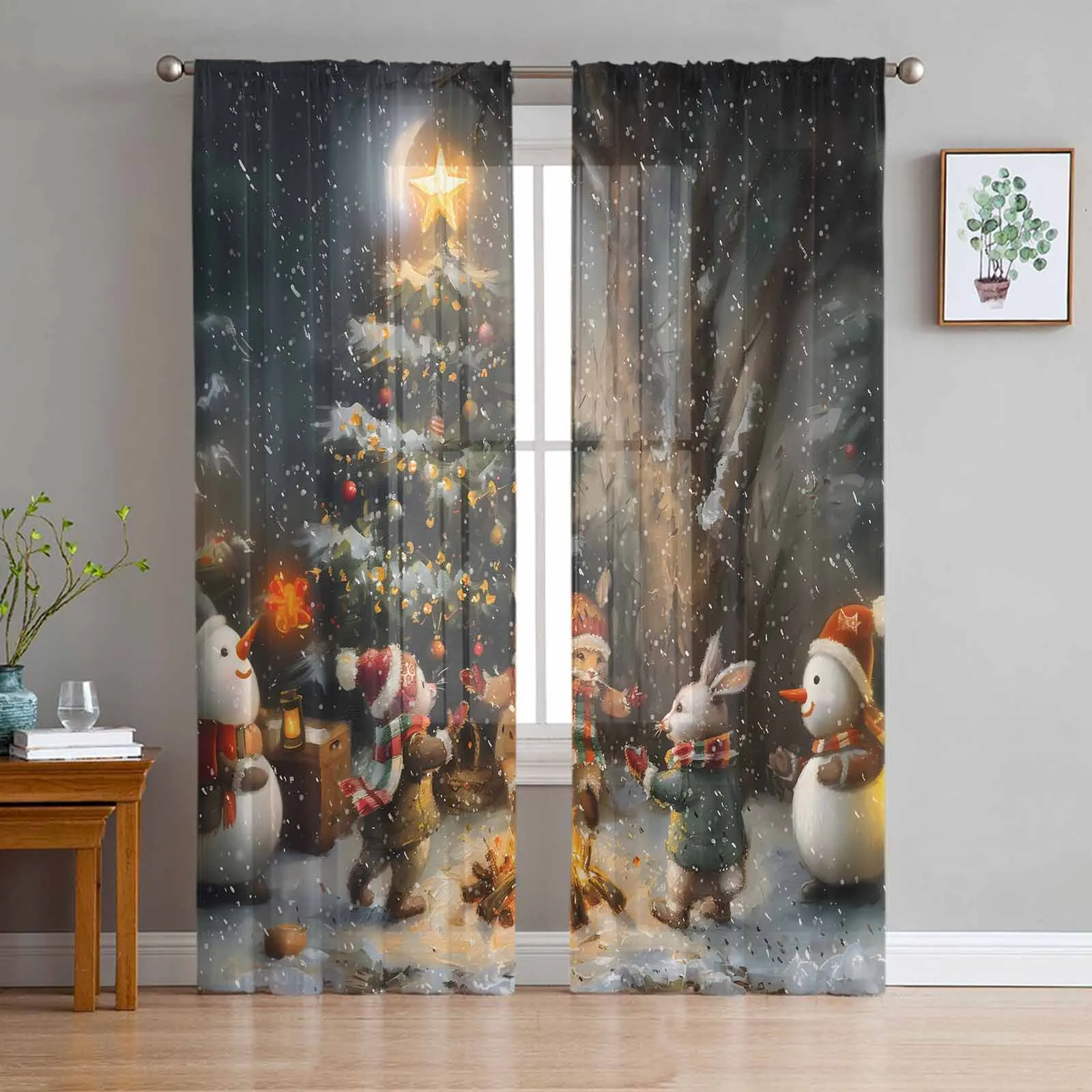 

Christmas Snow Forest Moon Animal Snowman Tulle Curtains for Living Room Decor Modern Chiffon Sheer Voile Christmas Curtains