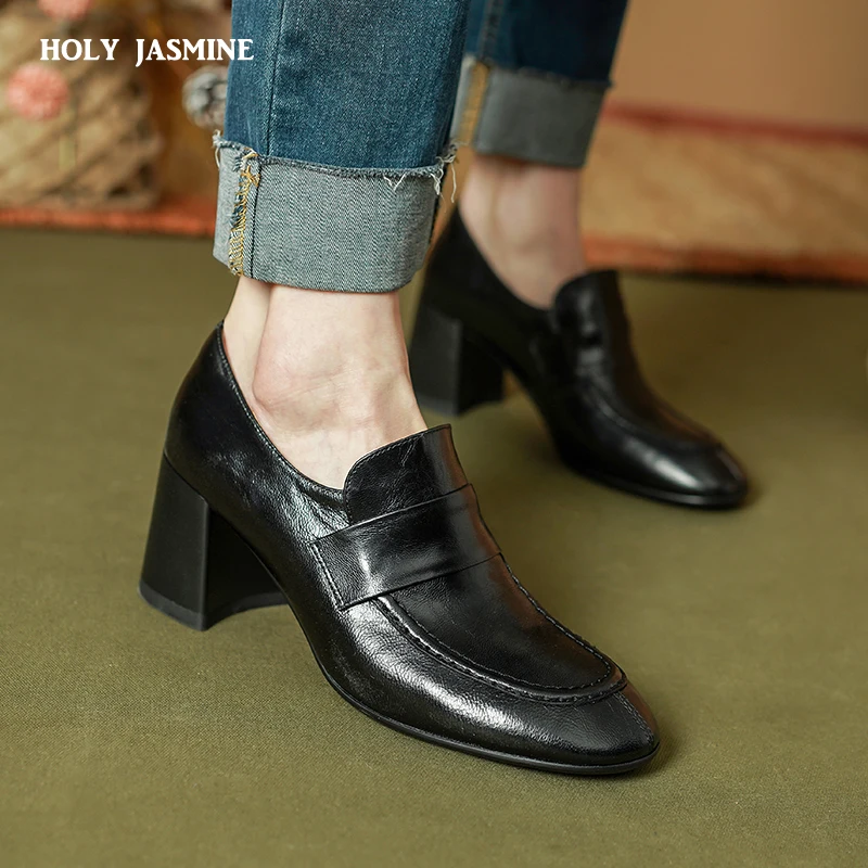 

Basic Retro Women Pumps Spring Summer Round Toe Thick Heels Shoes Woman Genuine Leather Working Pumps Mature Office Lady 2024