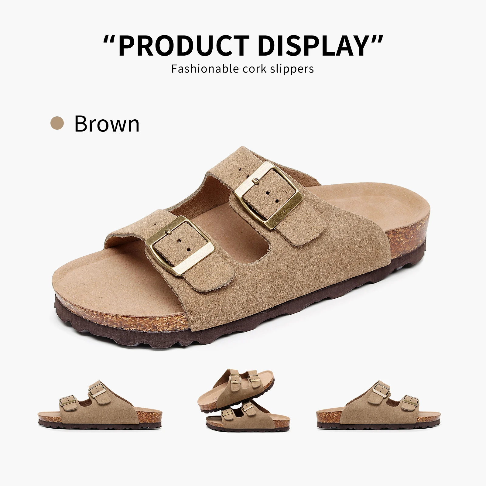 Birken Genuine Leather Women's Flat Slide Sandals - 2 Strap Design, Arch Support, Non-Slip, Cork Footbed, Slip-On Style