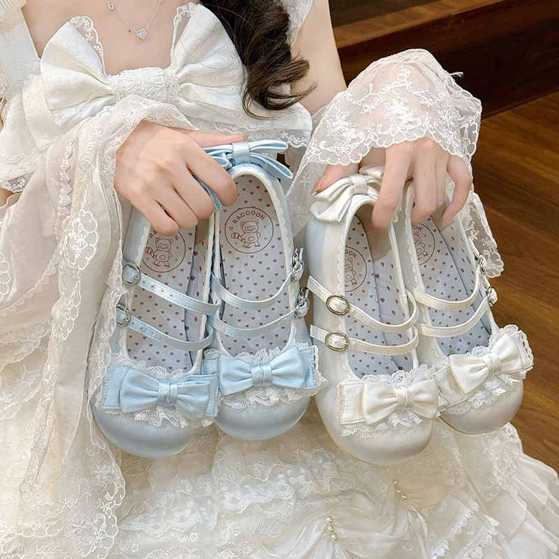 Redondo frey salto médio cetim bonito japonês cabeça redonda sapatos japonês doce menina chá festa lolita sapatos
