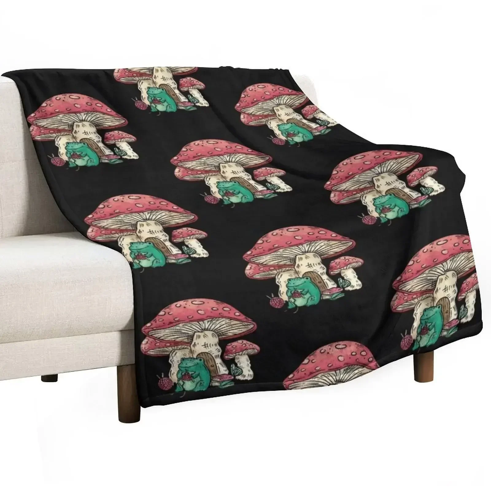 Frog sitting under a mushroom knitting, Cottage Core frog and mushroom, Cute frog and mushroom, Gift for people wh Throw Blanket