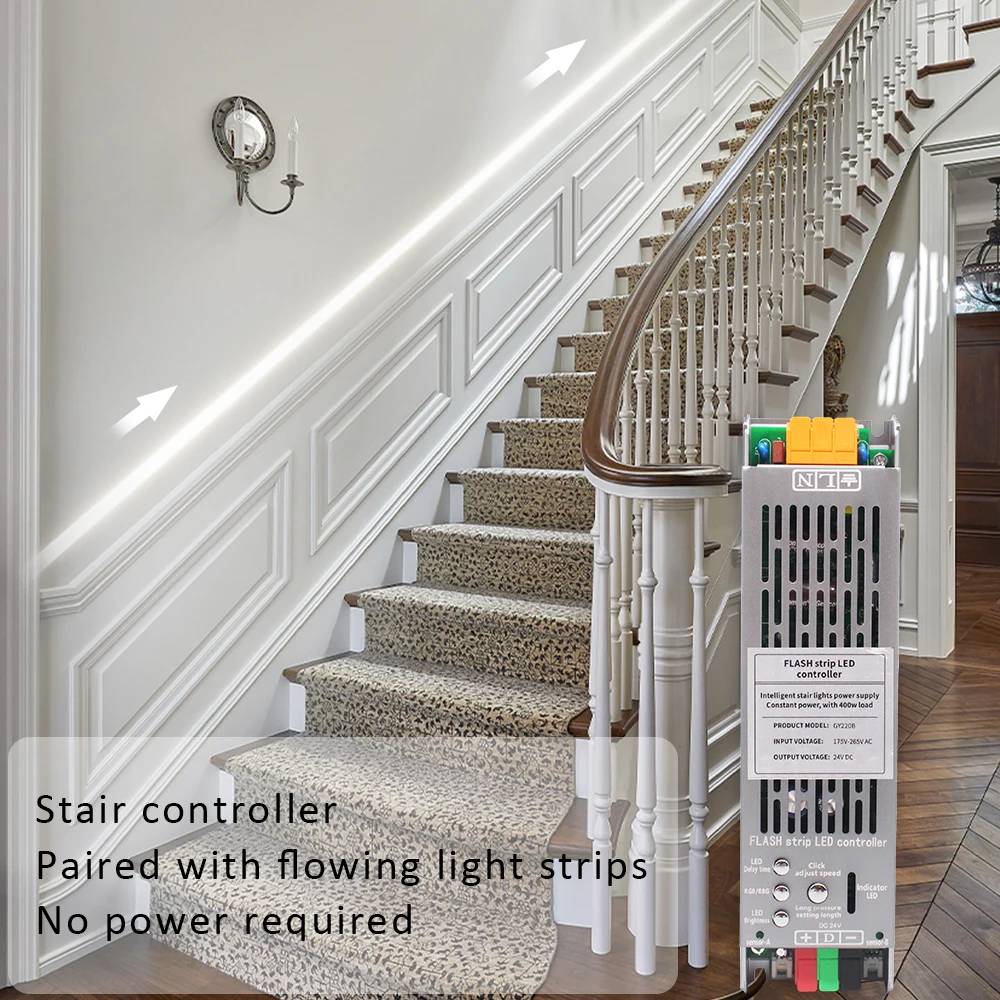 24V 400W 2in1 Stair Light Controller Kit 5M 10M 15M COB Running Water Flow Strips PIR Motion Sensor Staircase Lighting Controler