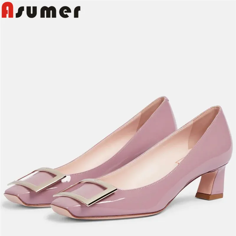 

ASUMER 2024 New Size 32-46 Classics Patent Leather Shoes Woman Thick Med Heels Pumps Office Ladies Slip On Spring Dress Shoes