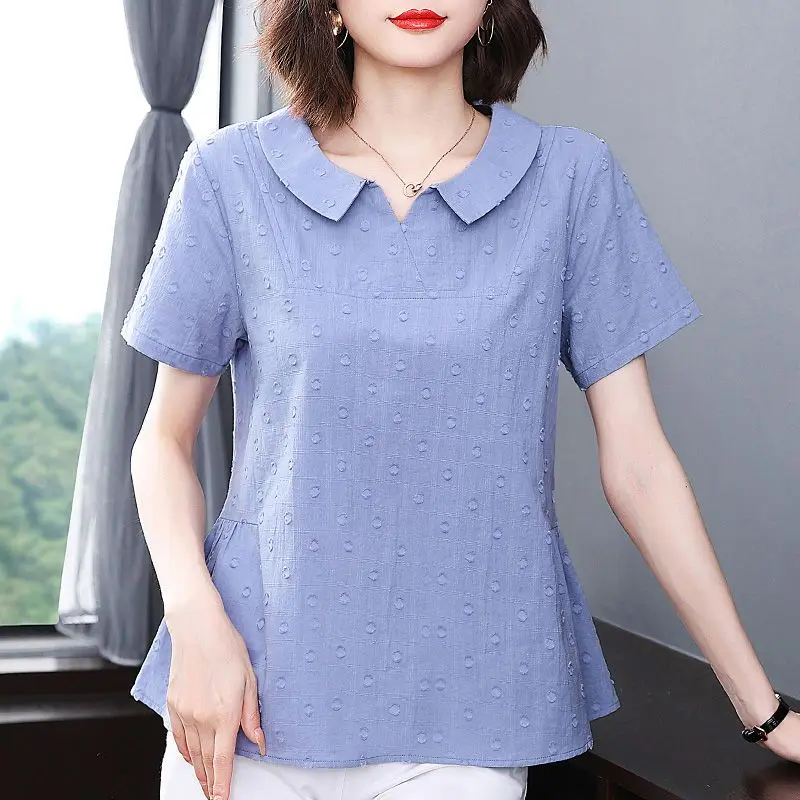 

Korean Casual Office Lady Fashion Loose Pullovers Solid T-Shirts Pleated Short Sleeve Round Neck Thin Summer Women's Clothing