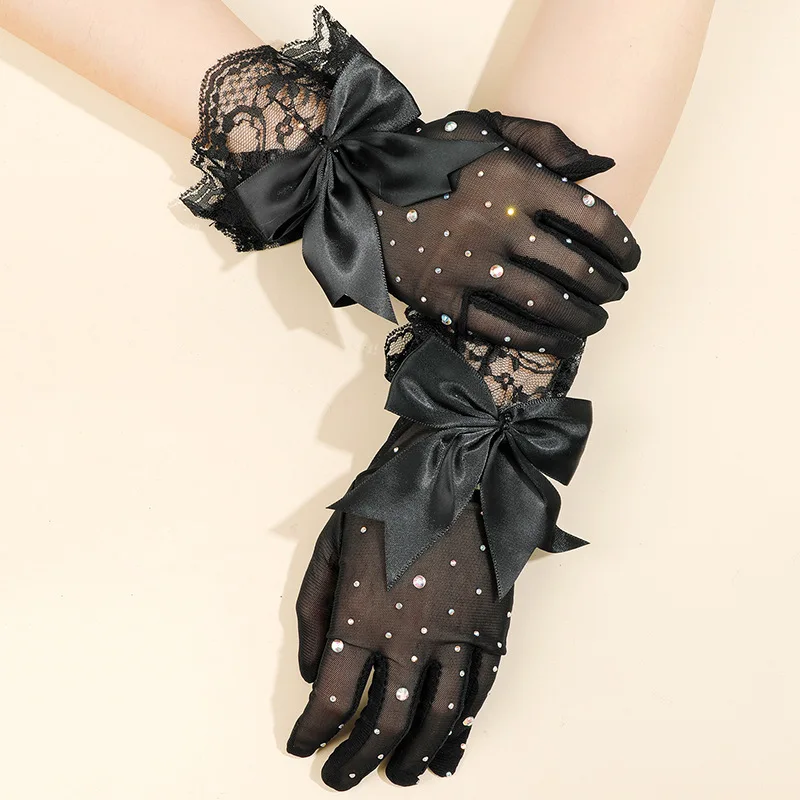 New Women Mesh Flash Drill Lace Bow Gloves Sparkling Dress Mittens Bride Wedding Halloween Cosplay Black Full Finger Gloves T266