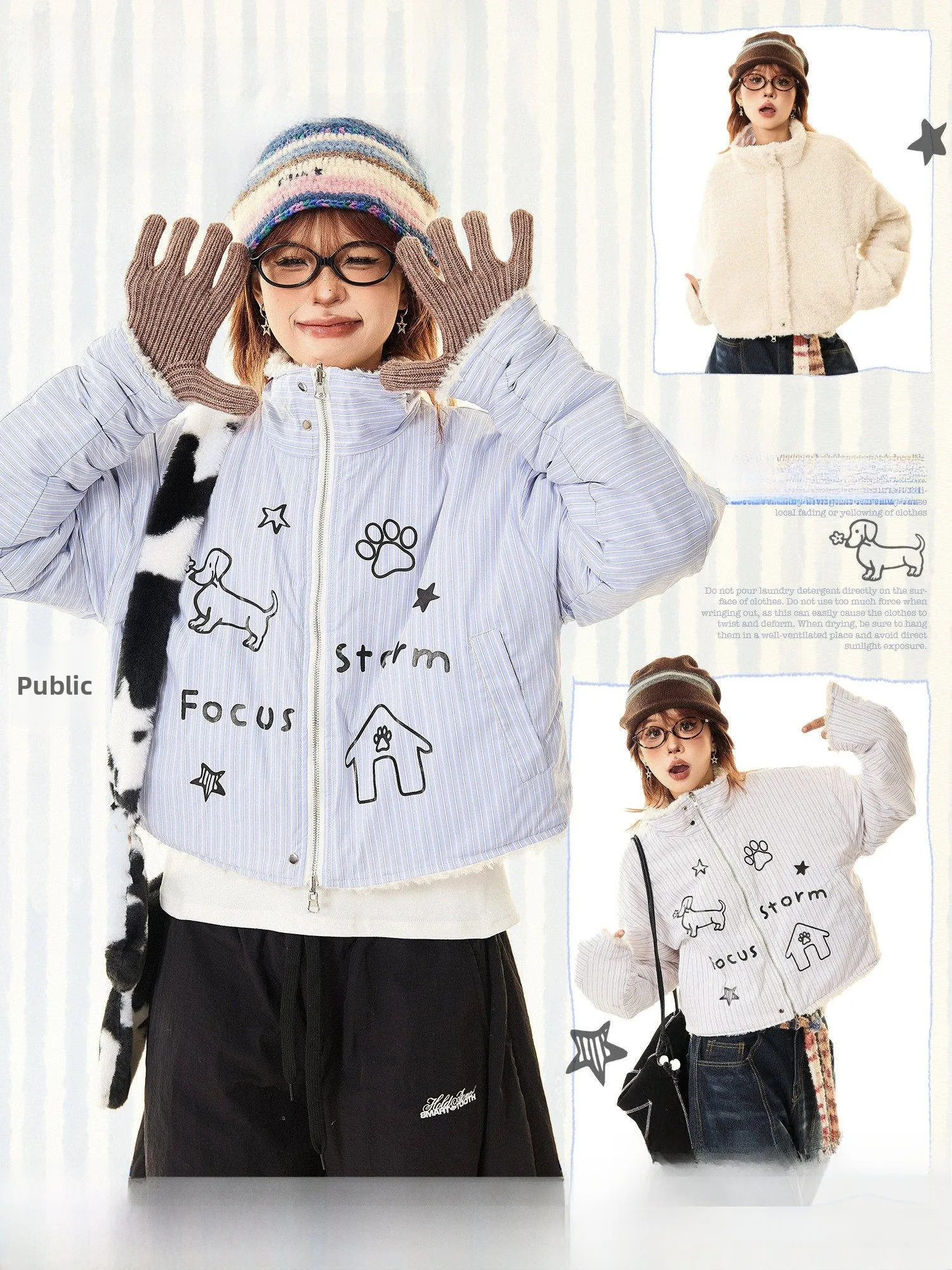 

MAIKAO American Sle Double-Sided Wear Dog fiti Stripe Jaet Women's Winter Thi Warm Lamb Fur ort Cotton Coat