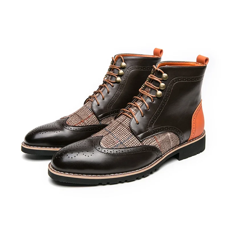 New Brown Men Short Boots Lace-up SquareToe Ankle Strap Gingham Handmade Ankle Boots  Cowboy Boots Botas De Hombre