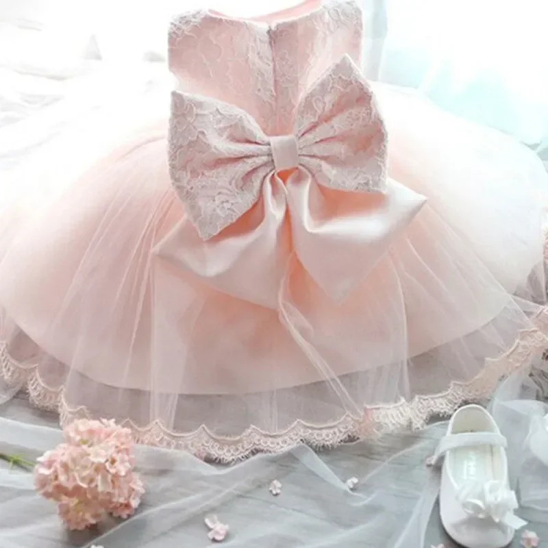 Baby Girls Birthday Dress for 1Y Newborn Baptism Pink Clothes Toddler Bow Princess Dress Kid Elegant Christening Party Tutu Gown