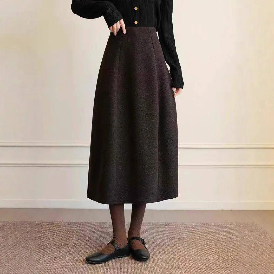 

Autumn Winter Woolen A-Line Skirt Six-Piece Tailoring Umbrella Skirt Elastic Waist Women's Winter High Waist Skirt