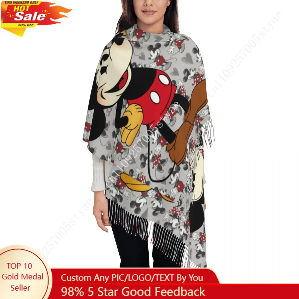 

Custom Lady Large Mickey Mouse Cartoon Scarves Women Winter Soft Warm Tassel Shawl Wraps Scarf