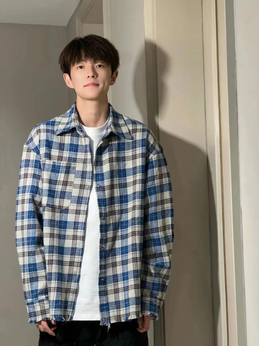 

Свободная мужская верхняя одежда в клетку в американском стиле ретро в клетку Long Sve, универсальный топ с цветным дизайном Blo, осенняя одежда