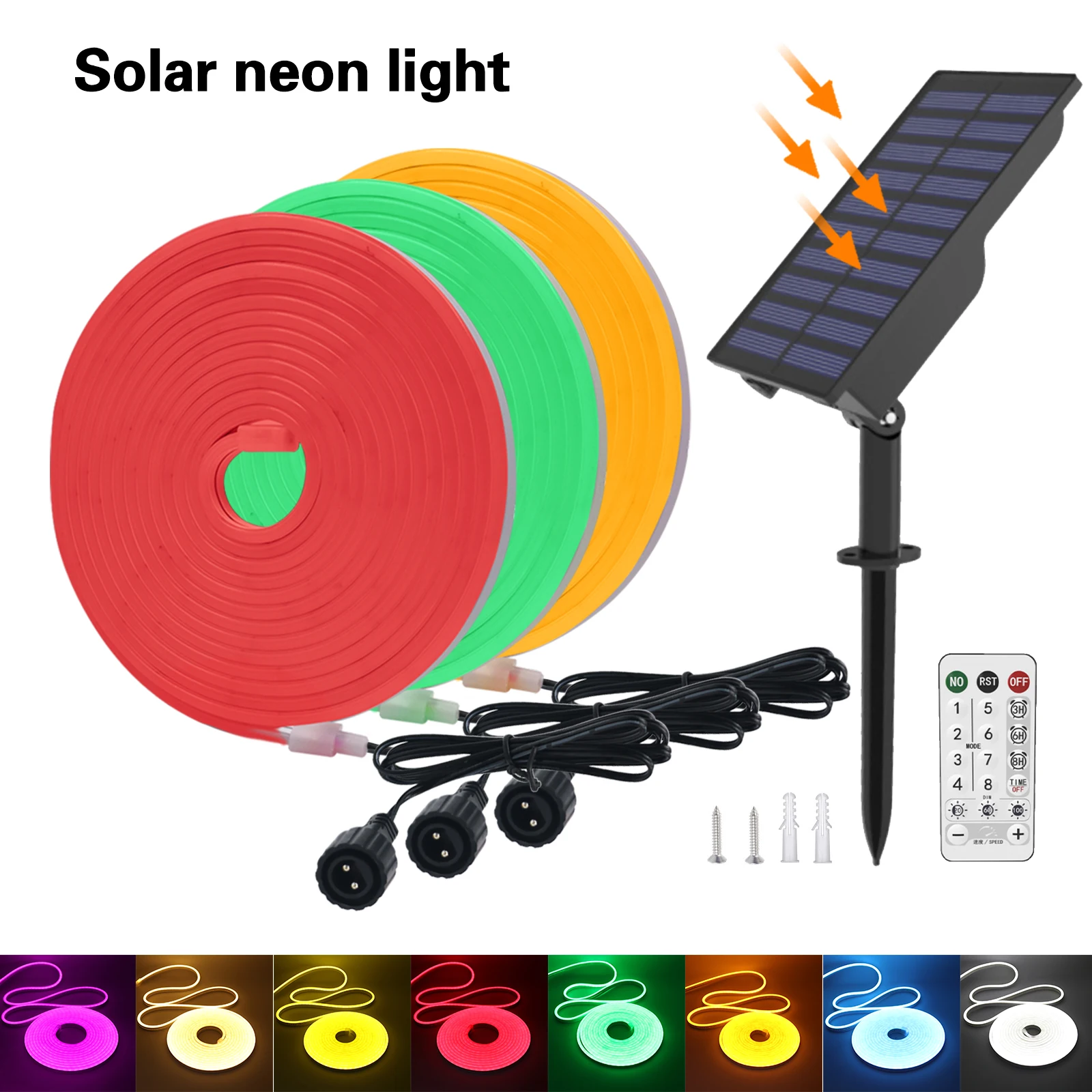 Solar Neon LED Strip para exterior, lâmpada impermeável, alta densidade, COB, decoração do jardim, 24V, 0.5m, 10m, IP67, 120Leds/M, 10 cores