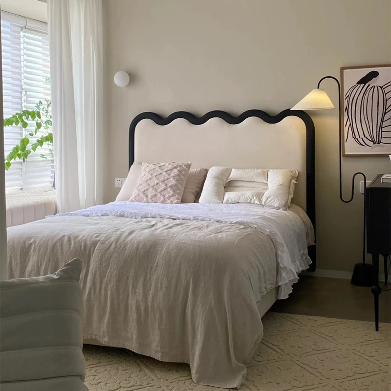 French cream  technological fabric double bed internet famous ripple bed modern simple fabric bed  small-sized Cama Furniture