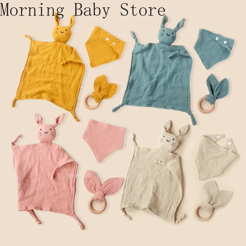 Double-layer Newborn Baby Cotton Cat Comforter Towel Set Baby Sleeping Doll Saliva Towels Beech Rabbit Bite Ring Baby Teether