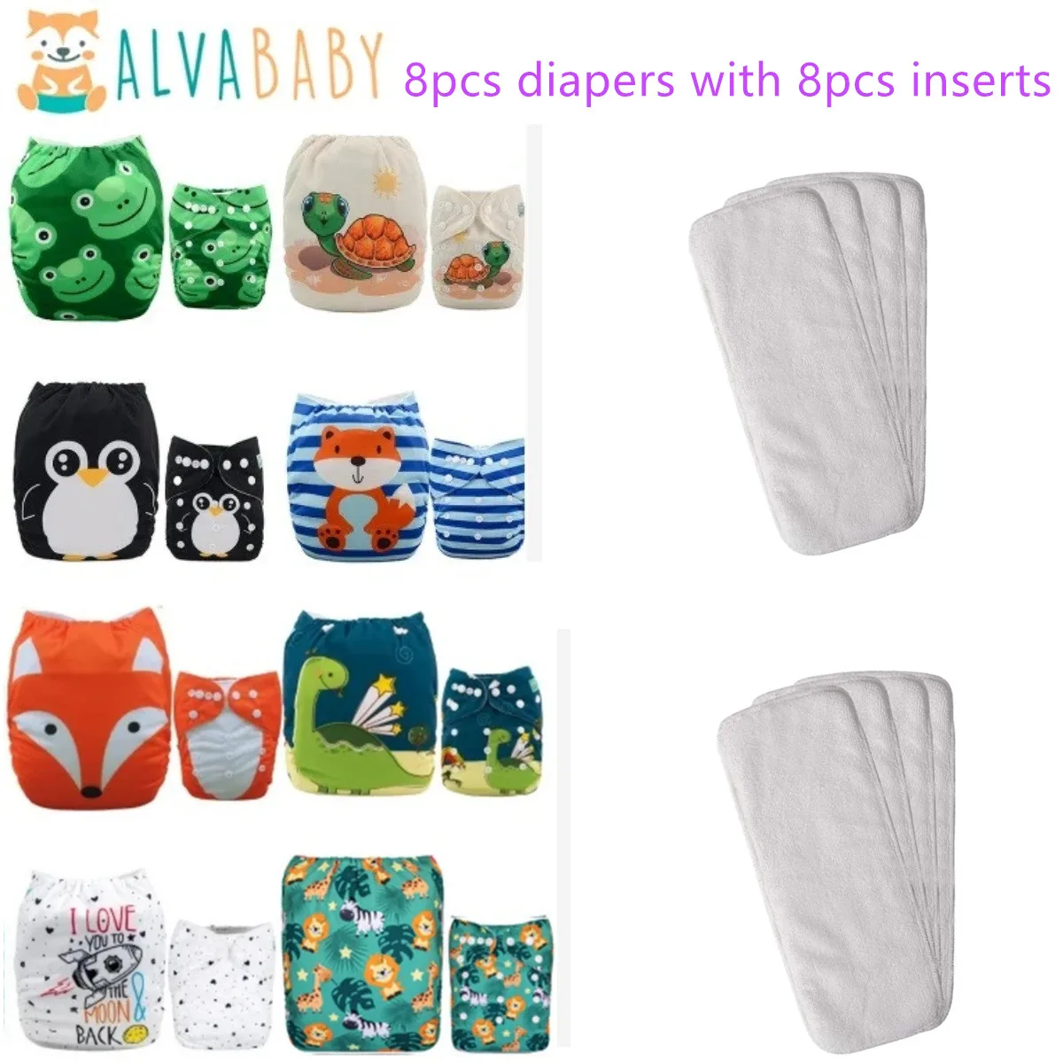 (8pcs diapers with 8pcs Inserts per pack) ALVABABY Cloth Diapers for Baby Adjustable Washable Reusable Fashion Baby Cloth Nappy
