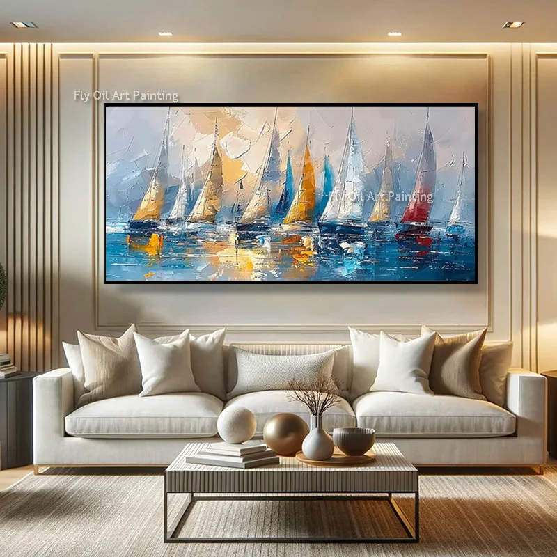 قوارب الشراع الملونة على البحر سكيب النفط اللوحة رسمت باليد كبيرة الأزرق المحيط عرض القوارب البيضاء الصفراء قماش جدار ديكور فني #3