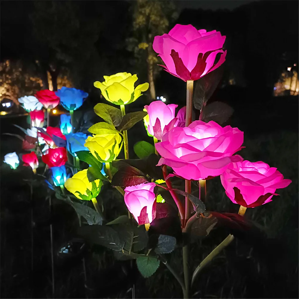 5 Heads Solar Lights Rose Flower Lamp Garden Decoration Wedding Lights Rose Flower Lawn Lamp for Garden Graduation Ramadan Gift