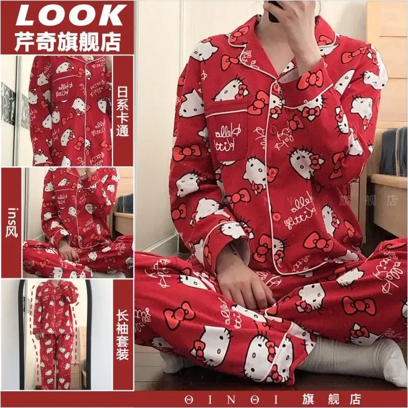 Sanrio Hello Kitty Kuromi Pyjamas Home Clothes Spring Set Women Long Sleeve Top Shirt Pant Pajamas Suit Y2k Cute Sleepwear