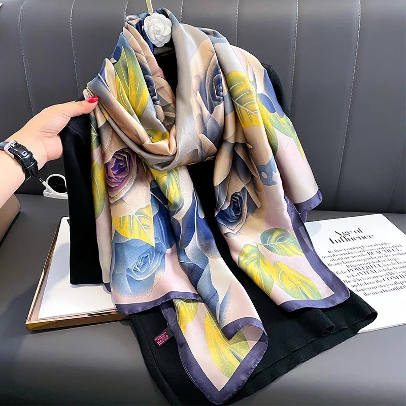 The Four Seasons Women Shawl Fashion Design Satin Finish Scarves Popular Print Lrage Silk Scarf Luxury Brand 180X90CM Warm Hijab