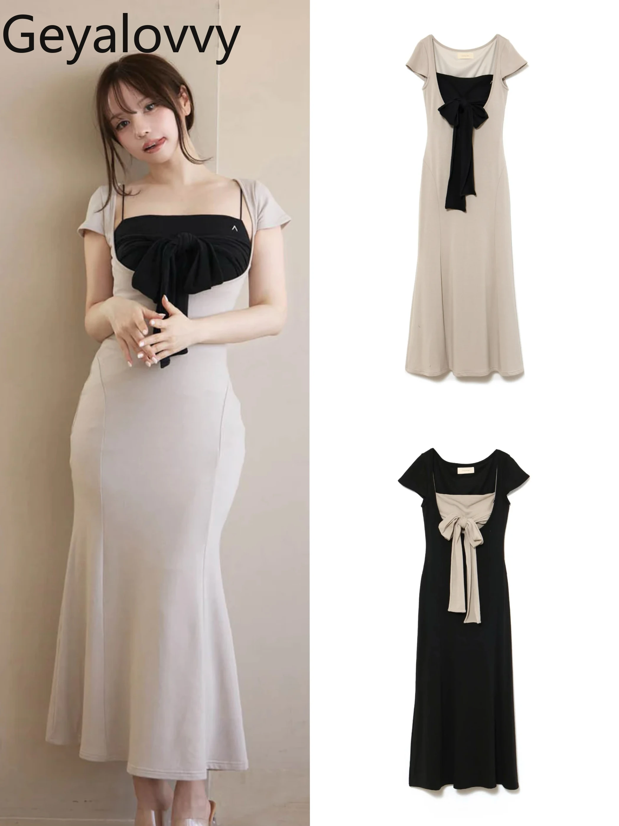 

Новинка 2023 года, повседневное женское длинное платье с квадратным вырезом и контрастным цветным бантом, элегантные платья с короткими рукавами для женщин в японском стиле