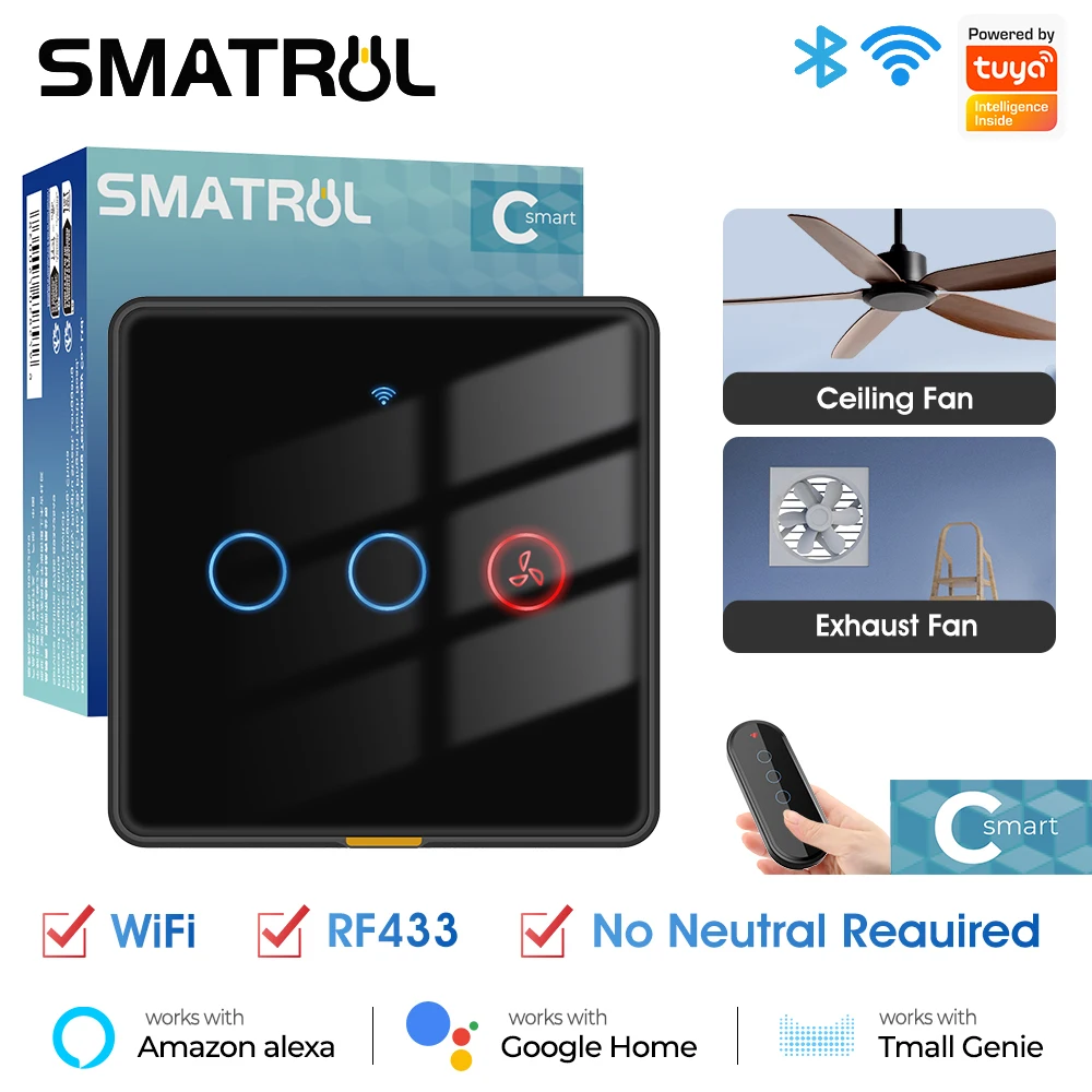 Tuya Smart WiFi RF433 ventilatore interruttore a soffitto nessun filo neutro EU Wall Light Touch Control 2 in 1 interruttore retroilluminazione