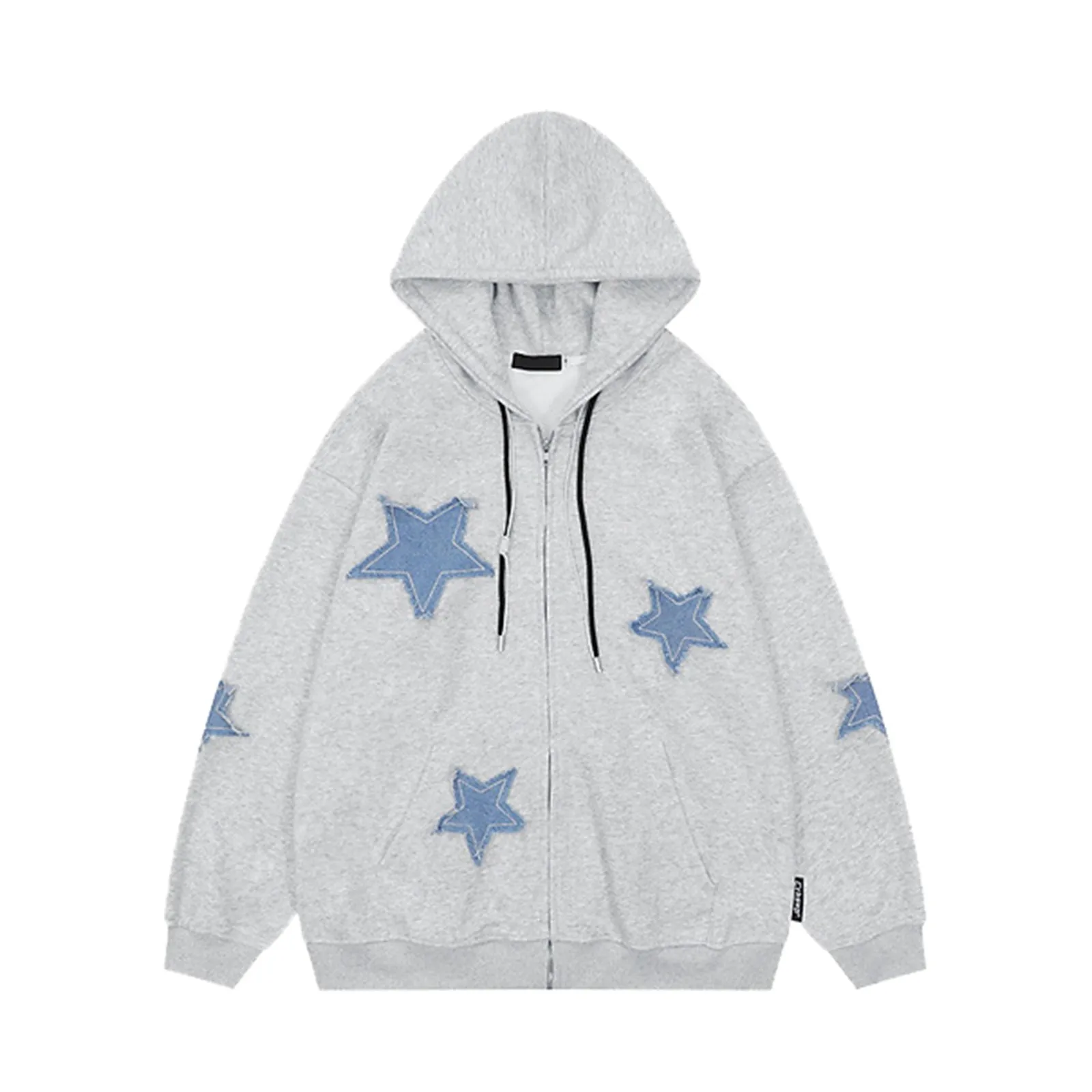 New Trendy Women's Zip Up Hoodies Autumn Winter Star Patch Vintage Y2k Hooded Sweatshirts Jacket Loose Casual Couple Hoodie