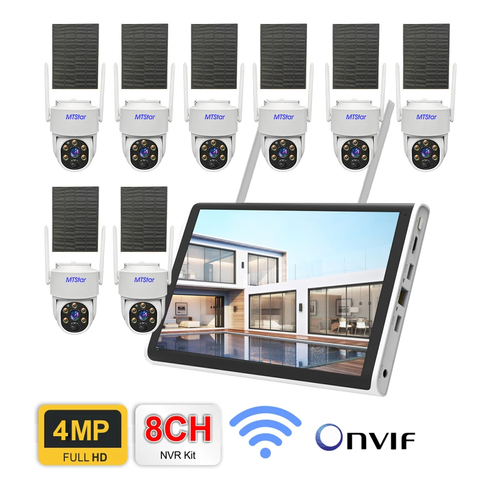 MTStar 10 Channels OEM P2p 4MP Eseecloud Smart WiFi Solar Bullet Camera Kits with 10 Inch Monitor