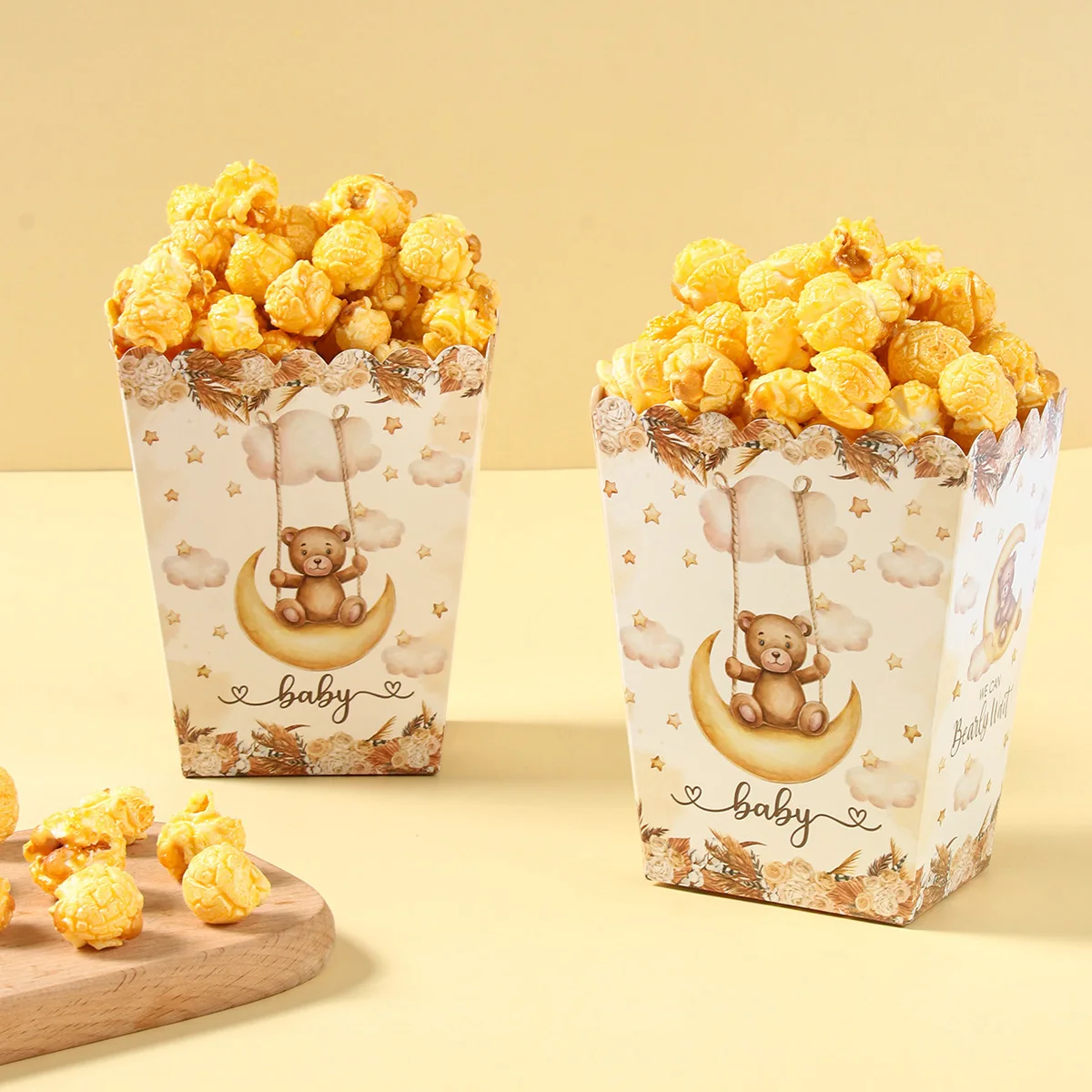 Gold Bear Popcorn Boxes Kids Birthday Party Decoration Baby Shower Candy Cookie Boxes Birthday Gift Boxes Decoration