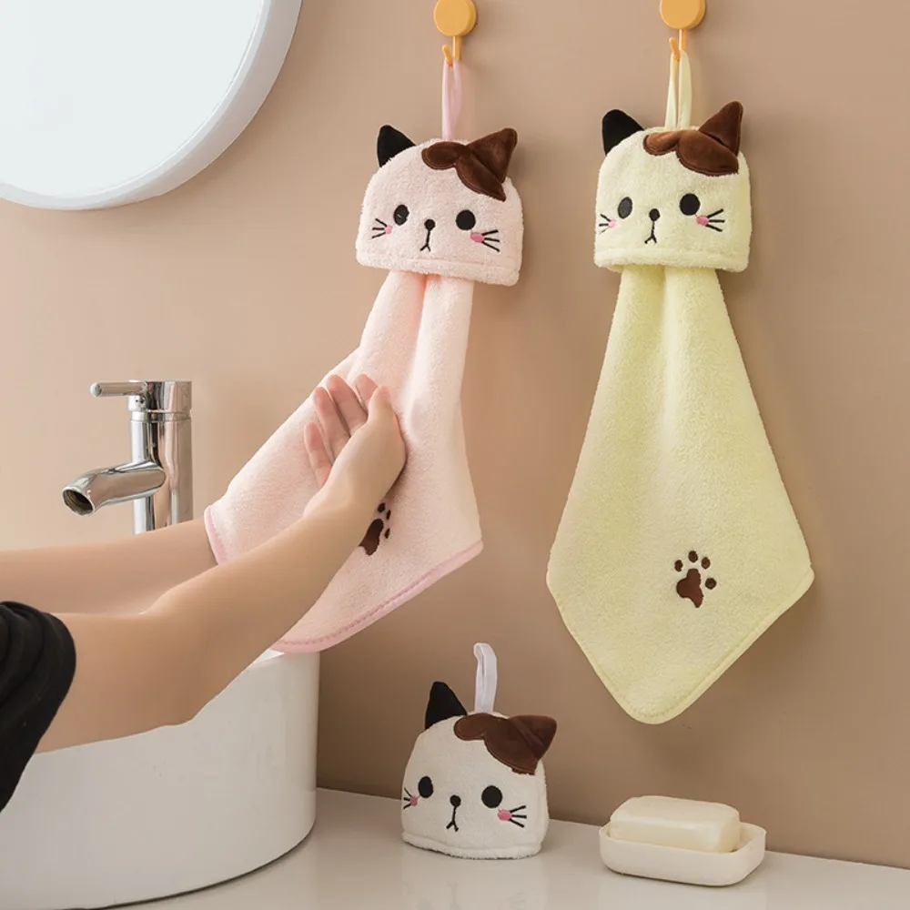 Cute Coral Fleece Cat Hand Wipes Soft Absorbent Embroidered Hand Towel Hanging Hanging Absorbent Towel