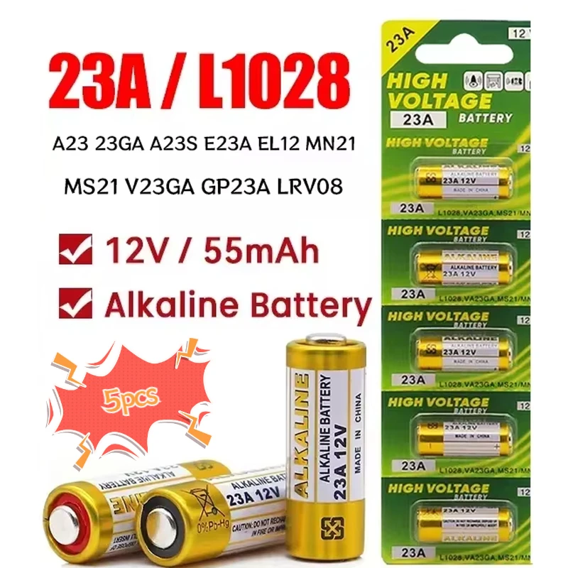 5PCS A23 23A12V Alkaline Battery 23GA A23S E23A EL12 MN21 MS21 V23GA L1028 GP23A LRV08 for Remote Control Doorbell Dry Batteria