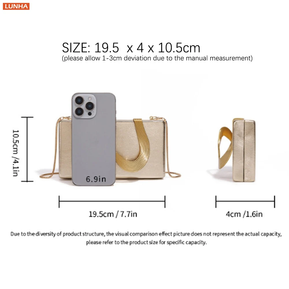 Luxury PU Leather Box Clutch Hard Case Evening Bag with Wave Metal Accent Versatile Crossbody Purse for Cocktail Party Gala