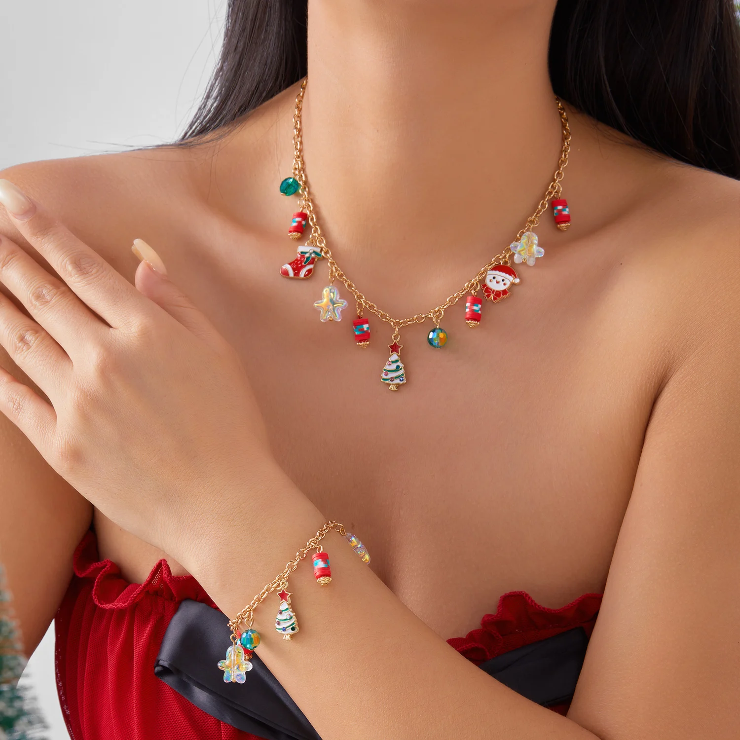 Einfache Weihnachts-Mehrelement-Anhänger-Halskette und Armband für Frauen, Handgefertigtes Schneemann-Glocken-Kettenarmband, Charms, Neujahrs-Schmuck – Detail 3