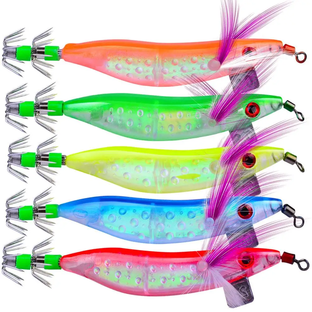 5pcs Luminous Saltwater Fishing Lures Squid Octopus Shrimp Bass Lures Double Umbrella Hooks Fishing Shrimp Lure Baits 10cm/8.1g