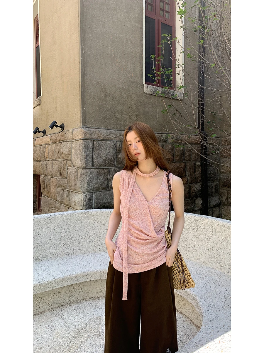 Red Celebri Store Gilet à bretelles pour vêtements d'extérieur d'été pour femmes Svel Ne suspendu haut de gamme rose Colorway Commute Sle Polyeste...