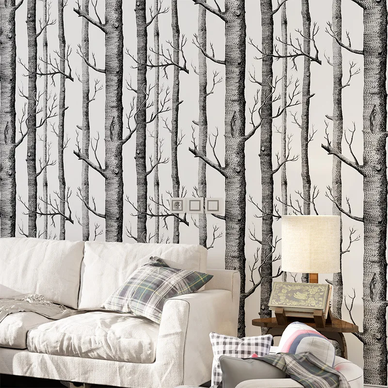 Black and white branch nonwoven wallpaper Nordic branch tree trunk birch forest TV sofa background wall paper Roll wallpaper W51