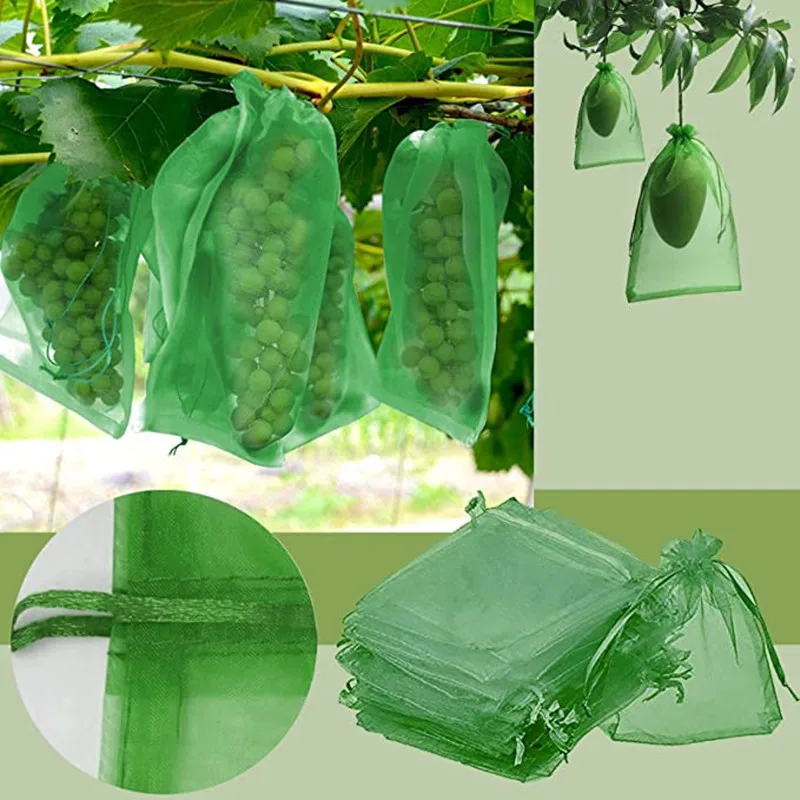 100/50 Pack Fruit Protection Bags Grape Mesh Pouch with Drawstring Reusable Strawberry Grow Bag Organza Net Bag for Pest Control