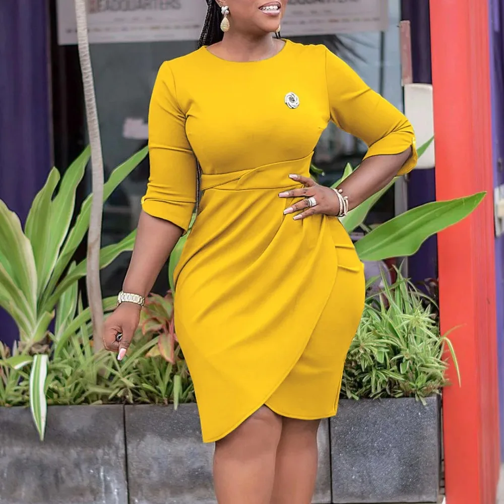 

African Dresses for Women Summer Elegant African Women O-neck Half Sleeve Solid Color Polyester Pleated Dress African Clothes