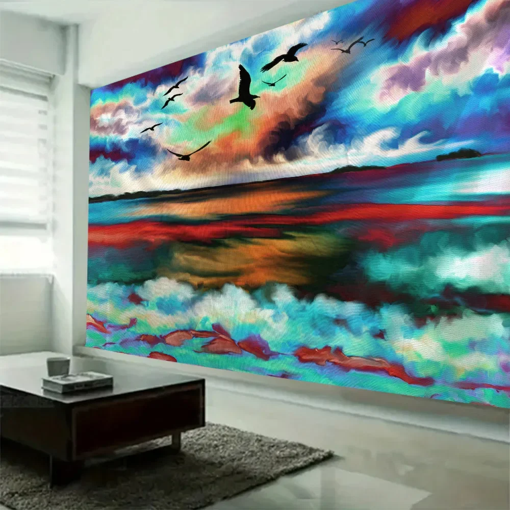 HD-Dreamy Sea & Pirate Ship Tapestry – Oil Painting Style Wall Art for Bohemian Home Decor, Oceanic Theme Room or Bed Cover