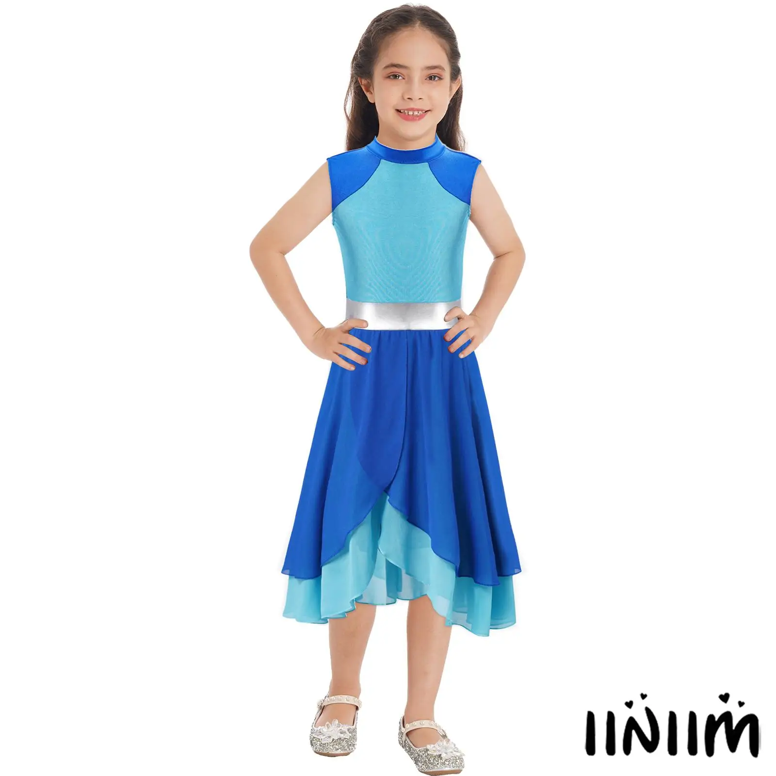 

Kids Girls Sleeveless Lyrical Dance Dress with Flowy Chiffon Skirt Moisture-Wicking Quick-Dry for Ice Skating Stage Performance