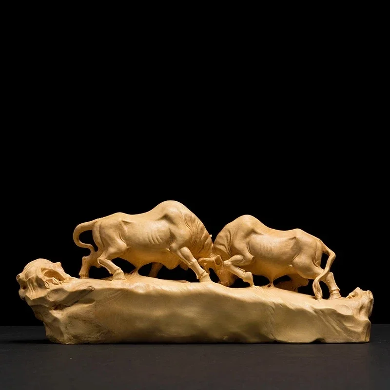 Spanish Bulls Fighting Animal Statue Sculpture Chinese Boxwood Home Decoration Wood Carving