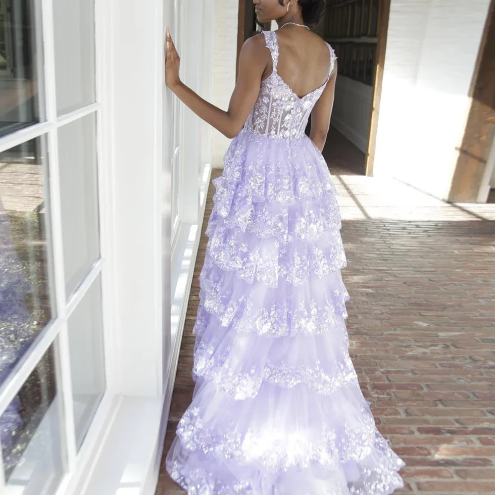 CustomizedLavender Prom Gown Exquisite A-Line Tiered Long Glitter Formal Evening Dresses Sequined Lace Appliques Sweep Train Par