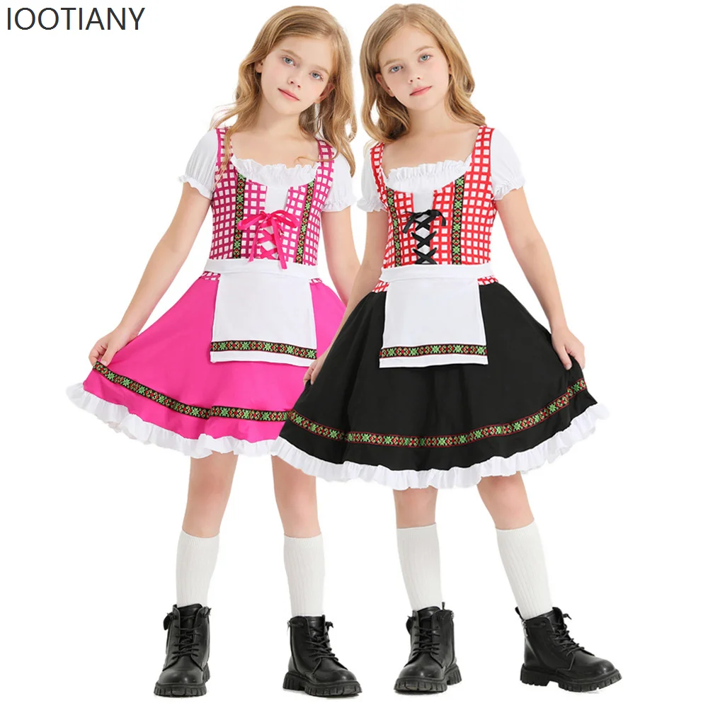 

Children's German Traditional Oktoberfest Girls Black Pink Plaid Print Ruffle Dress Cosplay Maid Costume Performance Costume New