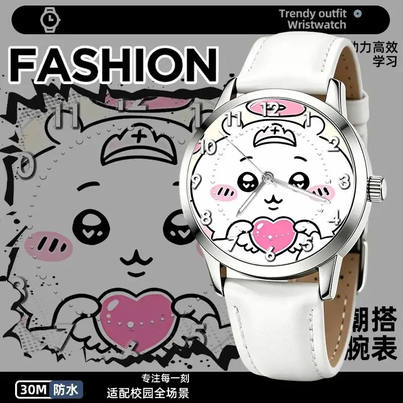 Chiikawa Armbanduhr mit süßem Cartoon-Muster, Lederarmband, wasserdicht, Quarz, für den täglichen Gebrauch, lässiges Styling, geeignet für Mädchen-Fans