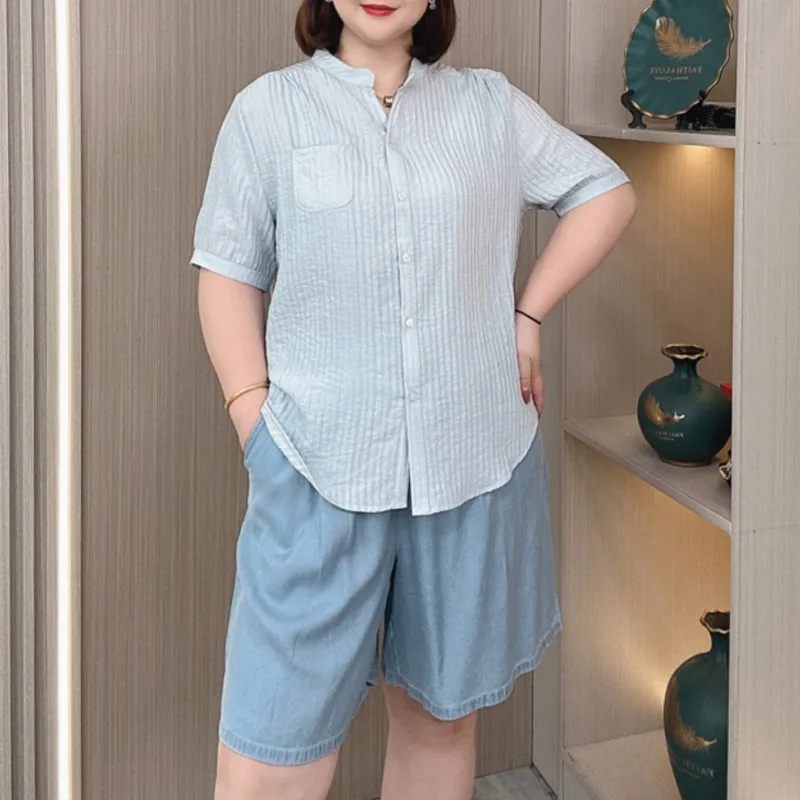 Women's Shirt Summer New Plus Size Hong Kong Wind Solid Color Small V-neck short-sleeved Loose Casual Thin Tops