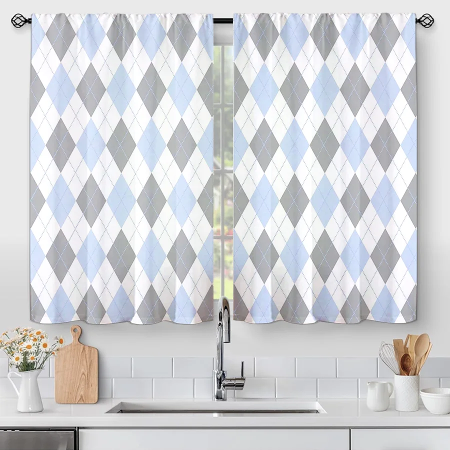 2PCS Digital Print Curtains, Light Blue Grey White Argyle Diamond Stitching, Preppy Modern for Living Room Bedroom Decor