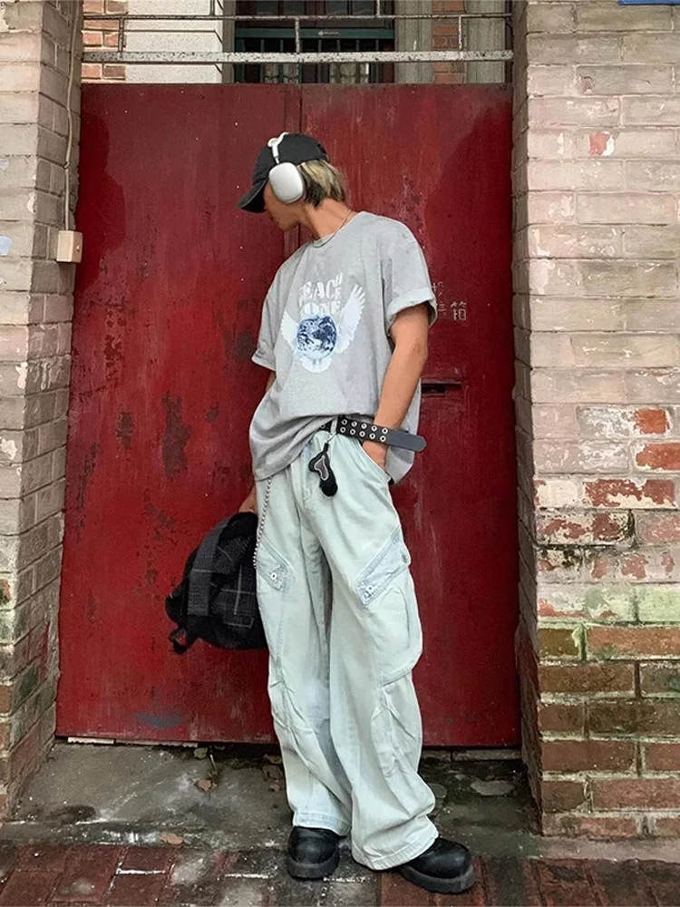 

Ретро-джинсы мужские рабочие светло-голубые, американские винтажные, с большими карманами, прямые широкие брюки, молодежные модные хлопковые полукомбинезоны