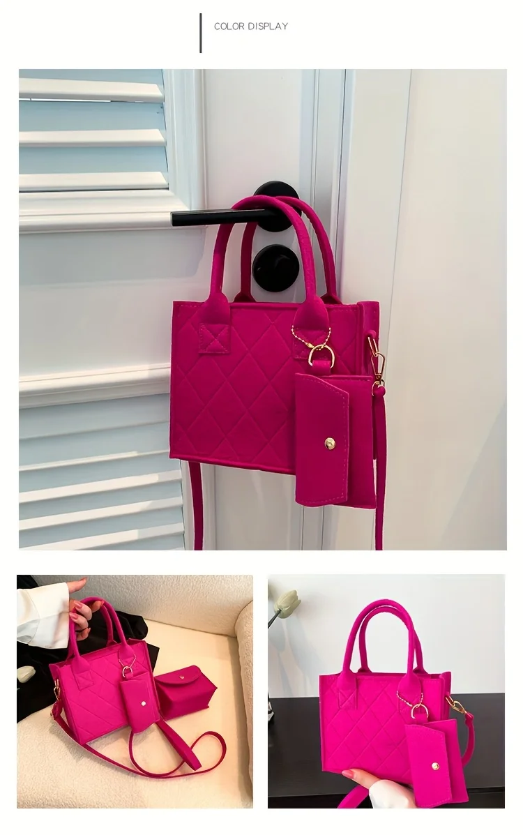 3 Stück/Set geprägte Damenhandtasche, stilvolle Umhängetasche, Clutch und Geldbörse, einfarbige quadratische Umhängetasche, Stoff für den täglichen Gebrauch – Detail 8