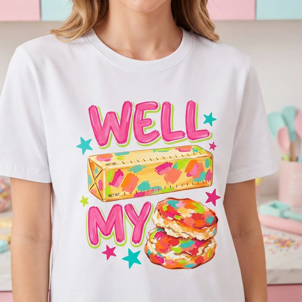 Womens Well My Butter Cookie Snack Graphic T Shirts Cute Star Food Print Casual Short Sleeve Crew Neck Loose Summer Top