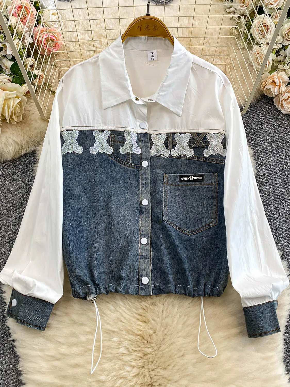Retro Luxury Bear Collar Long Sve Diamond Studded Women's irt Slimming Denim Patchwork Top Ele Faionable Casual